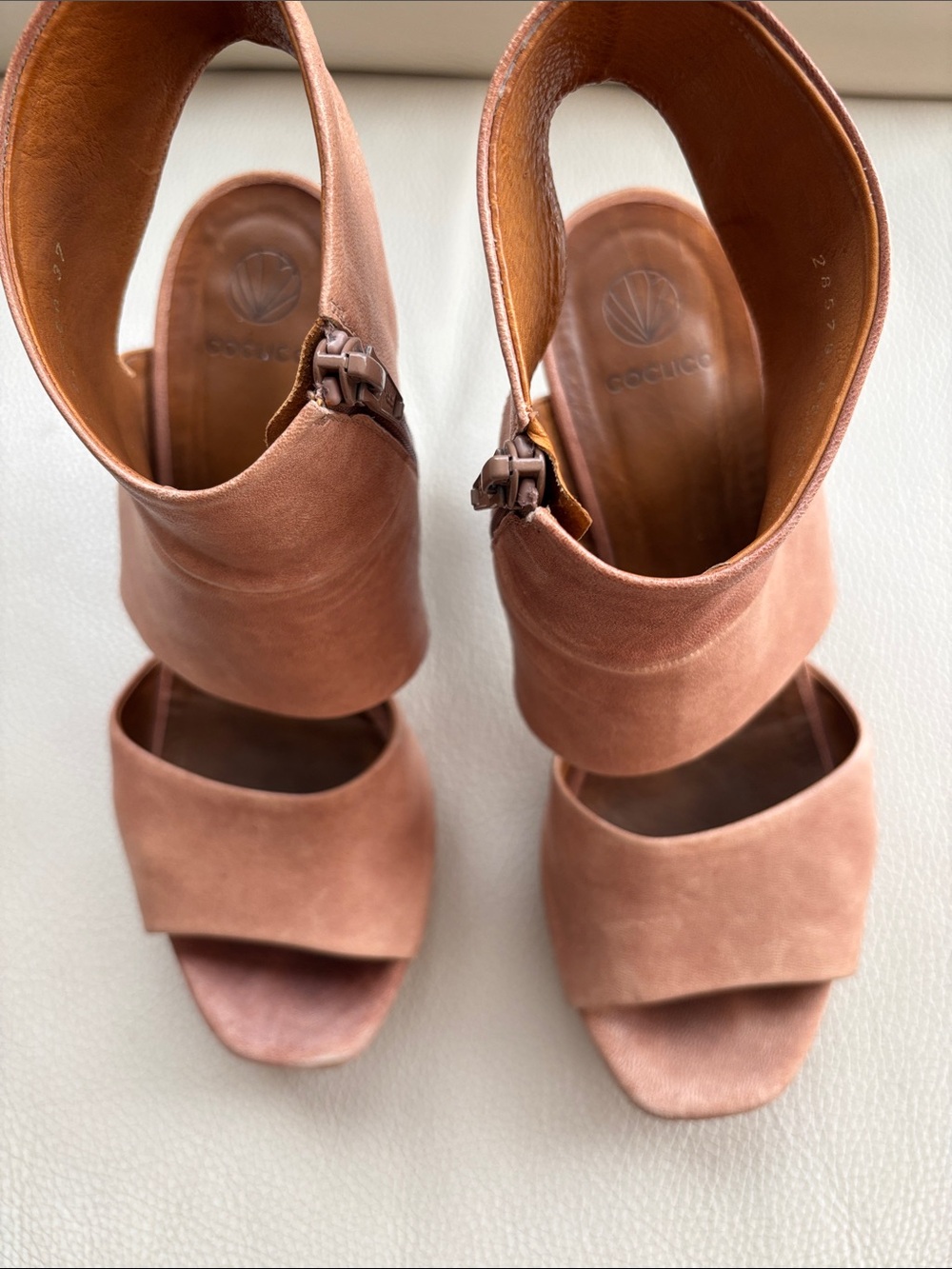 COCLICO camel leather Open-Toe Ankle Strap Heels